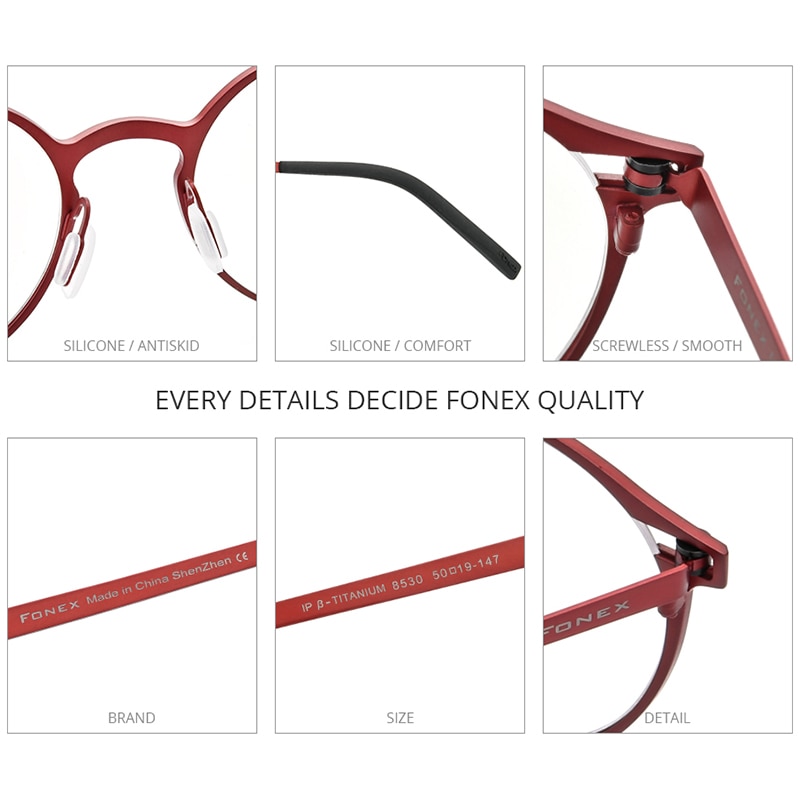 FONEX Pure Titanium Glasses Frame Women Retro Round Prescription Eyeglasses Men Antiskid Optical Screwless Eyewear 8530