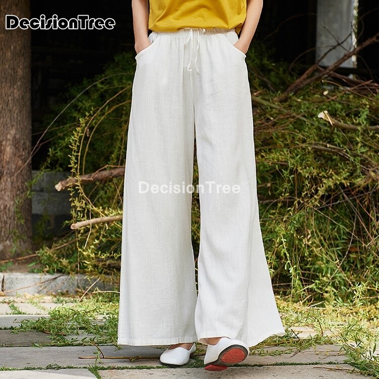 wide leg harem pants trousers chinese style streetwear women ethnic vintage elastic waist loose long cotton linen pants