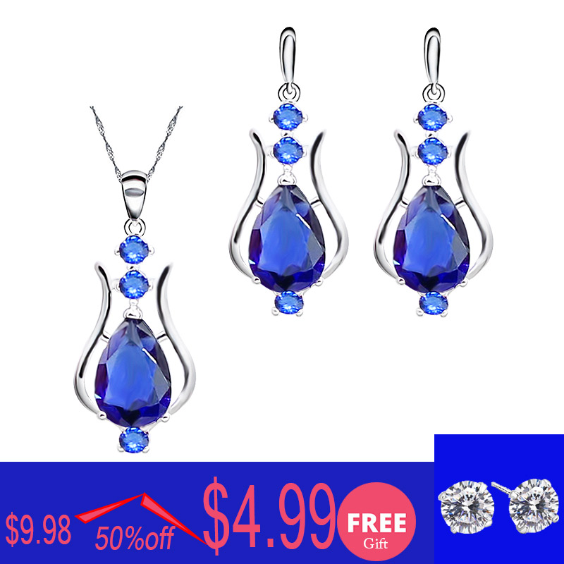 Niebieski szafir spadek kolczyki naszyjnik srebrny 925 komplet biżuterii damskiej bezpłatny prezent biżuteria ślubna