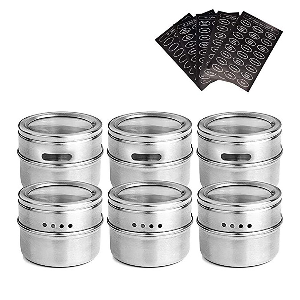 Stainless Steel Magnetic Spice Jars Tins Container Set with Clear Lid Labels Magnetic Spice Tins Jars Seasoning Pepper Organizer: 6pcs