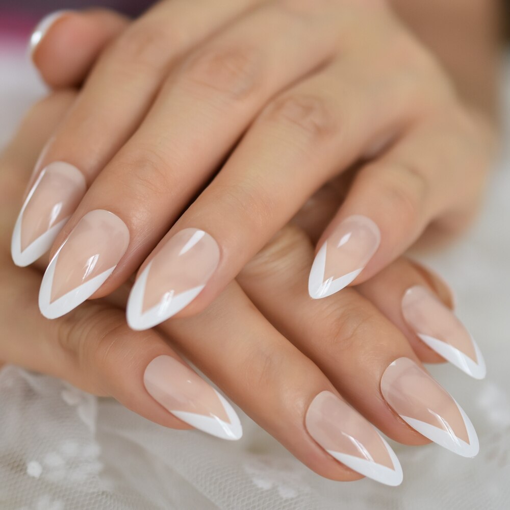 White V Shape French Nails Medium Stiletto Press On Nails Natural Color Predesigned Tips with Glue Sticker