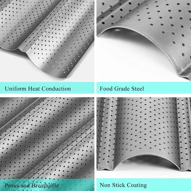 Sartén para hornear ondulada con 3 ranuras, molde para Baguette recubierto antiadherente, fácil de limpiar, bandeja para hornear Baguette resistente a altas temperaturas