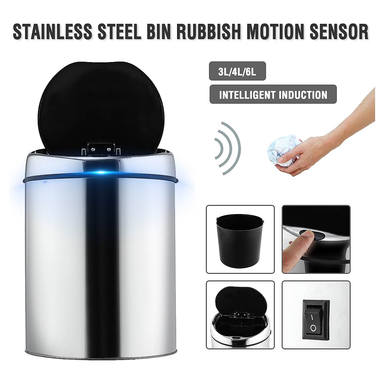 3/4/6L Stainless Steel Electronic Dustbin Touchless Trash Recycle Motion Sensor Automatic Waste Bins USB Charge Kitchen Trash