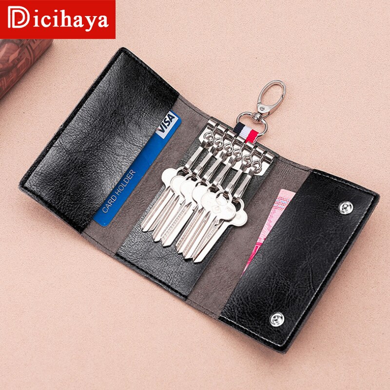 DICIHAYA PU Leather Man Women Key Wallet Short Square Retro ID Card Holder Hasp Vintage Multi-function Car Key Chain Fold Wallet