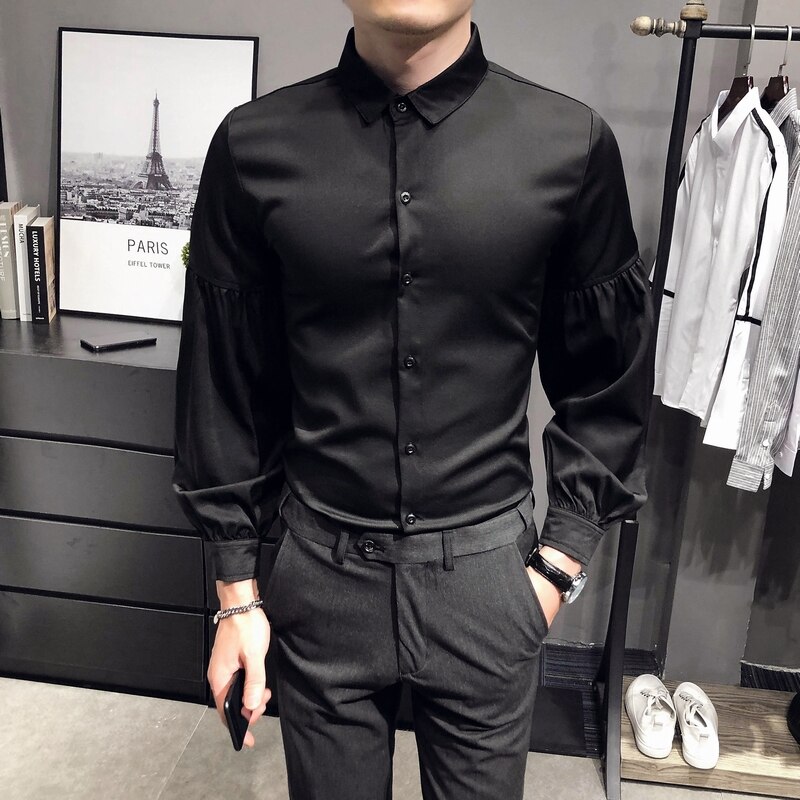 Couleur unie hommes chemises manches bouffantes discothèque scène fête sociale Blouse Chemise Homme coupe mince Streetwear hommes vêtements Camisas