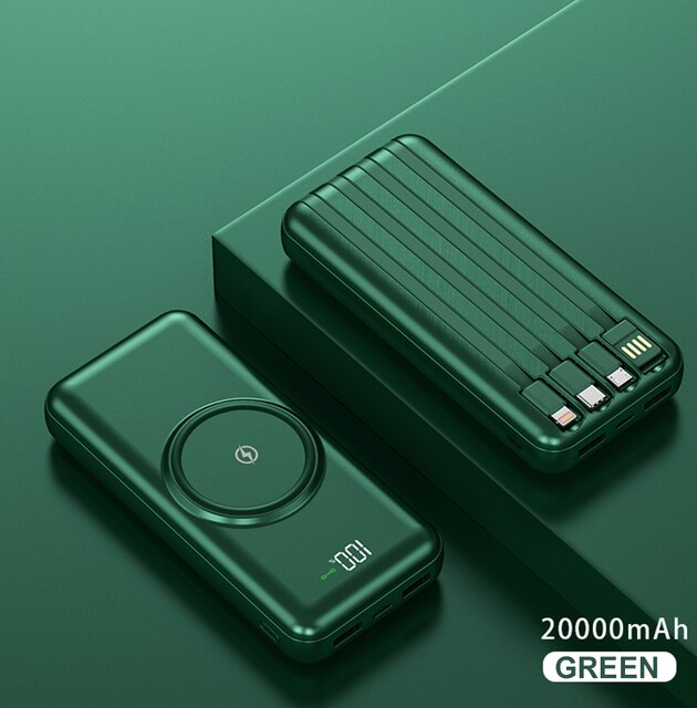 Caseier 20000 mah powerbank trådløs oplader til iphone 12 mini pro max 10000 mah powerbank indbygget kabel til samsung poverbank: 20000 mah grøn