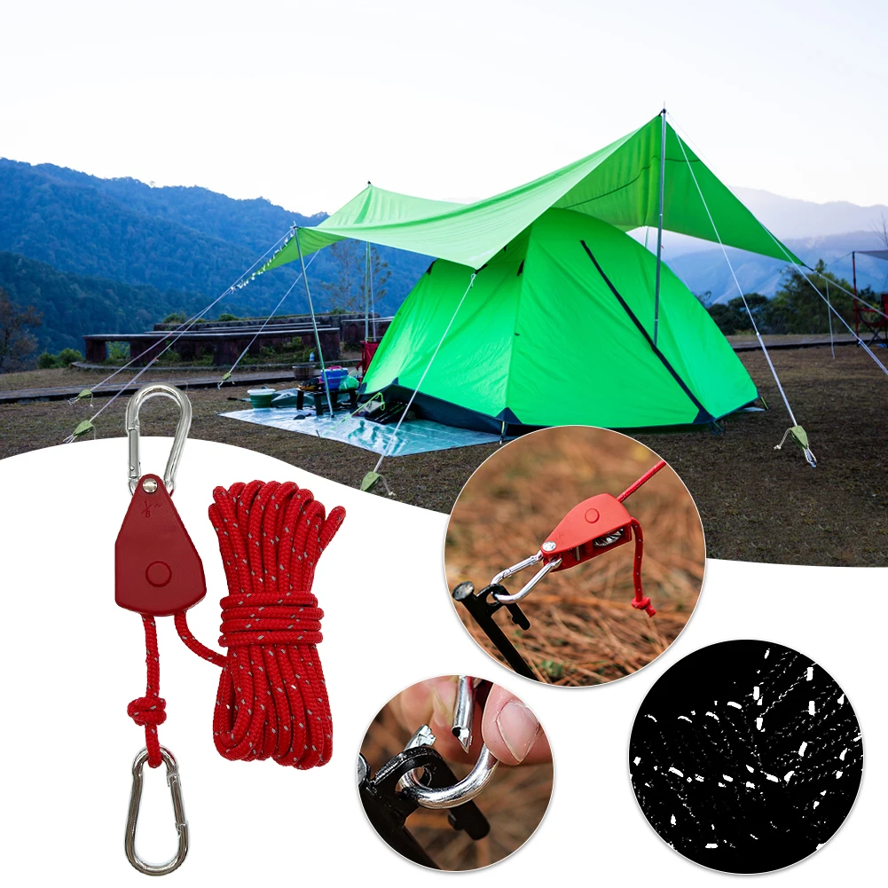 5m Camping Rope Tent Adjustable Rope Fastener Fixed Buckle Pulley Tensioner Ratchet Hangers Lights Camping Awning Wind Rope