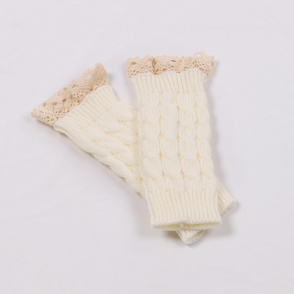 Manchons en laine pour femmes, protège-poignets allongés en dentelle, couleur unie, tricot , gants chauffe-bras, demi-doigt, hiver: white