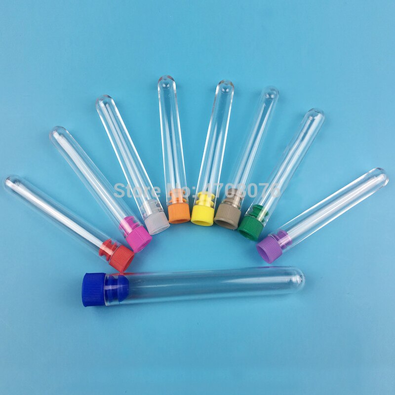 Tubes à essai en plastique avec bouchon de couleur, fond transparent en forme de U, matériel de laboratoire PS pour expérience scientifique, 15x100mm, 50 pièces/lot