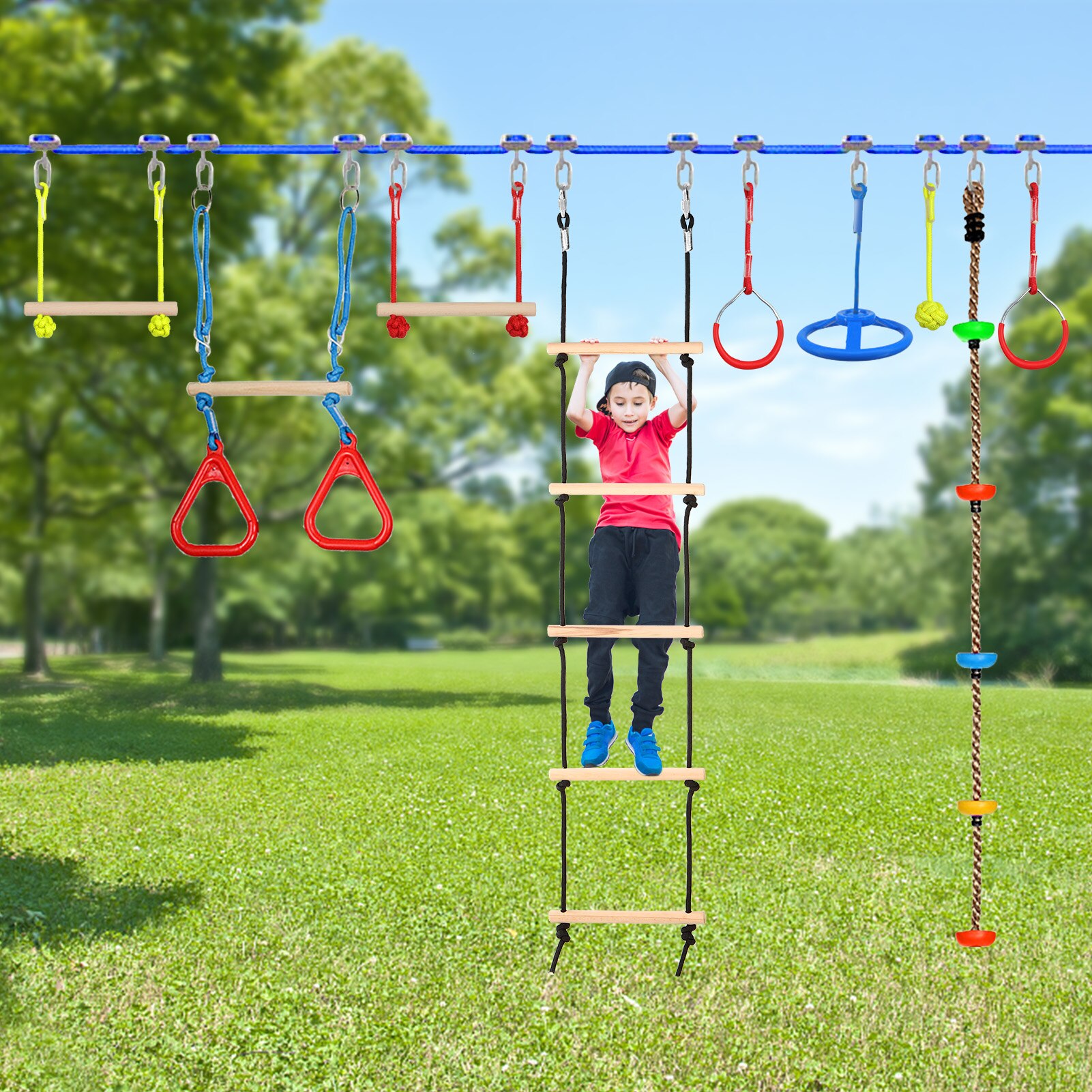 Wooden Swing Rope Ladder with 2 Hooks for Kids Climbing Obstacle Game Hanging Ladder for Swing Playground Play Set