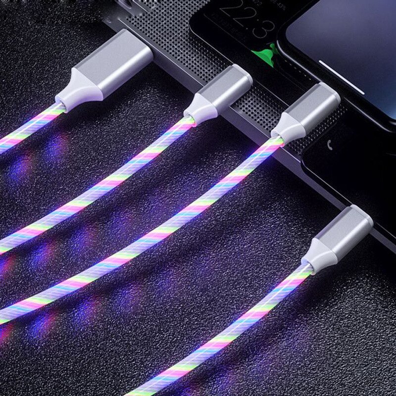 1.2m Car Charging Mobile Phone Cable USB IOS Type C Flow Luminous Lighting Data Wire for Samsung Huawei LED Micro Kable