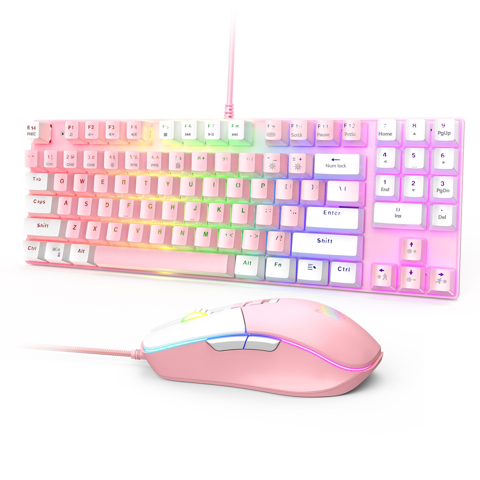 Onikuma G26 RGB USB Interface Keyboard and Mouse Set Mechanical Blue Axis Backlit Gaming Keyboard and Mouse: Pink white