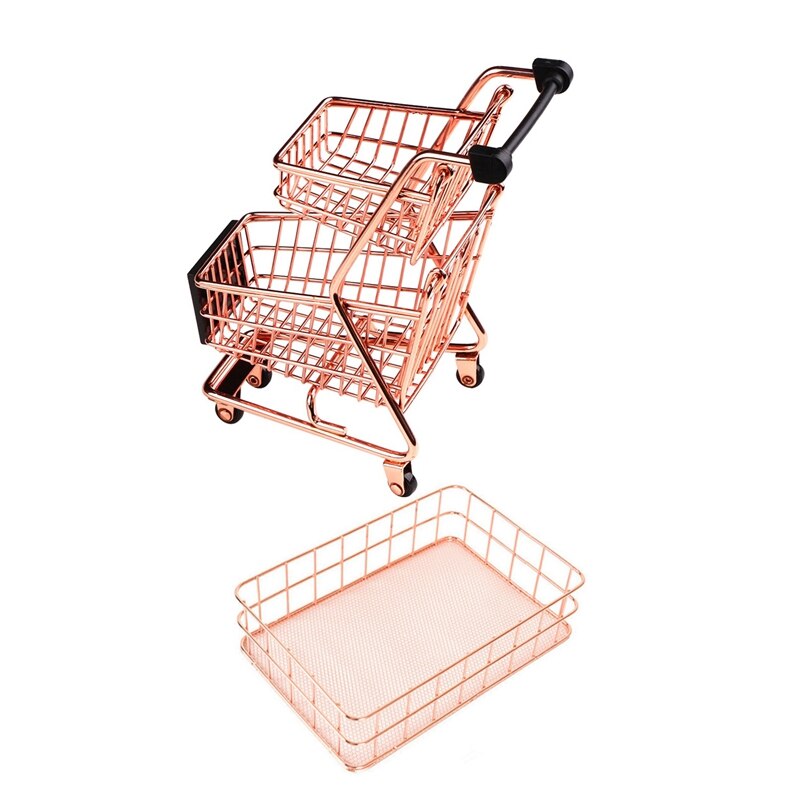 Rose Gold Metal Iron Storage Basket & Double Layers Shopping Cart Model Wrought Iron Supermarket Trolley Metal Rose Gold