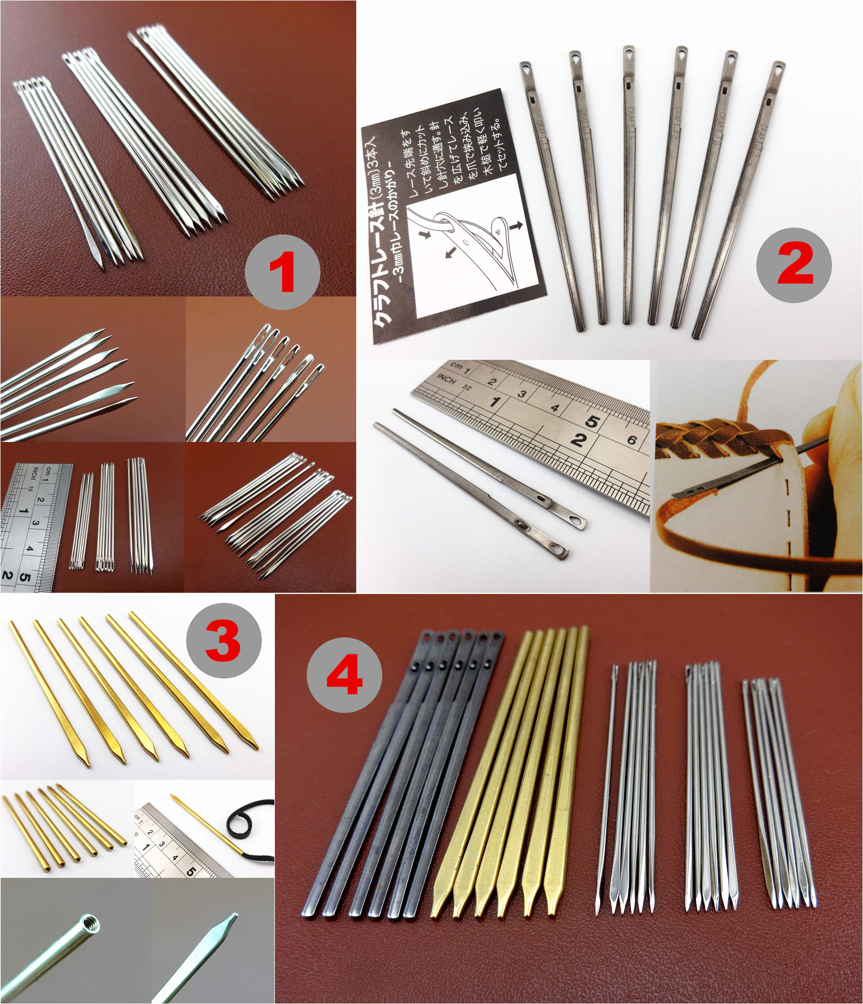 4kinds Leather Craft Sewing Stitching Flat Lace Triangular Needles Tool Set Beveler Awl Slicker Burnisher Polisher Button Stamp