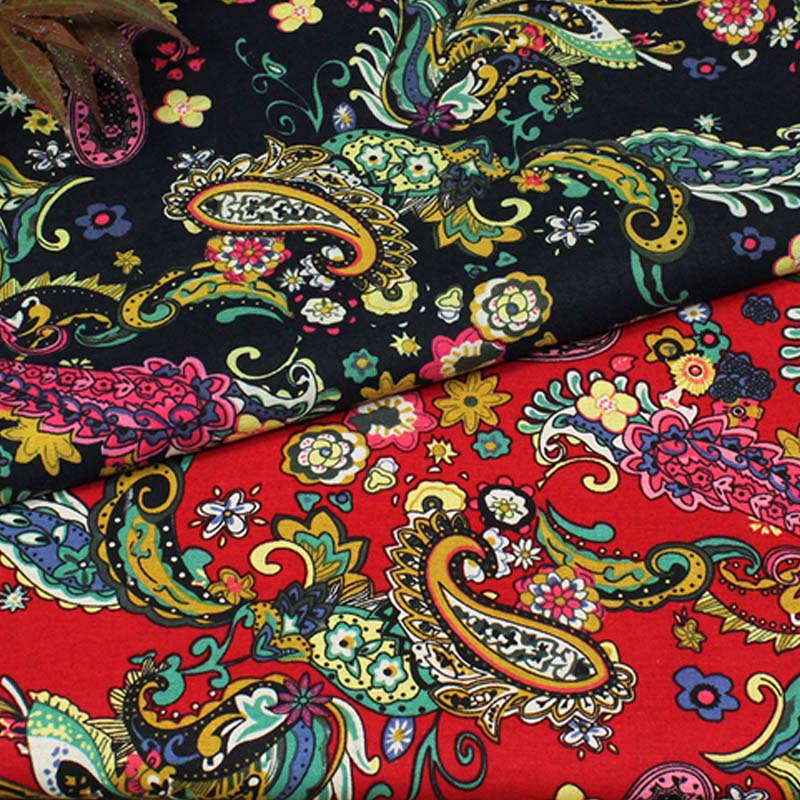 cotton and linen ethnic red dark blue Paisley Pattern floral textile for DIY handwork tablecloth curtains blouse dress fabrics