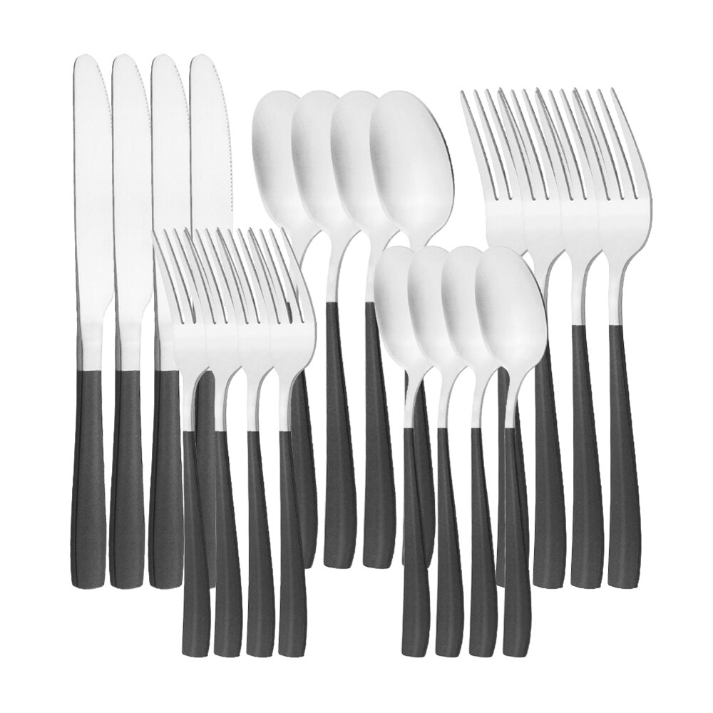 Couverts en acier inoxydable, 20 pièces, noir mat, service de table, couteau à dîner, fourchette à Dessert, cuillère, vaisselle de table, couverts de cuisine pour la maison: Black Silver