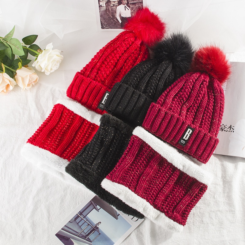Neck warm Balaclava knitted winter hat Big Fur pom poms ball Knitted hats scarf set women Beanie Hat thick Skullies female cap