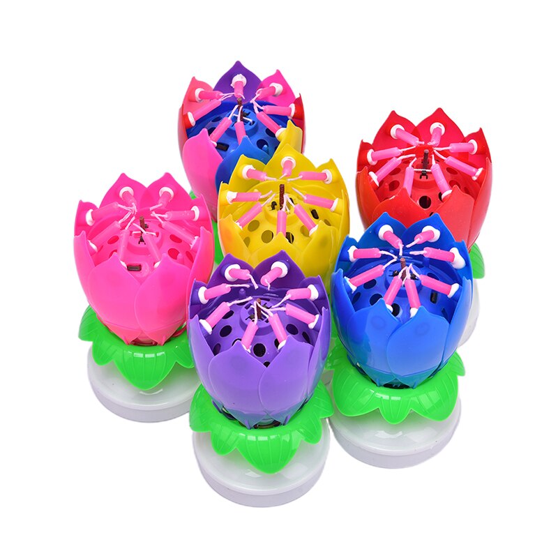 Vela Musical giratoria de flor de loto de feliz cumpleaños, para niños, velas para de cumpleaños, adornos de pastel de 1 pieza