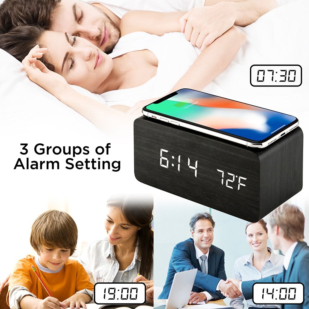 Wooden Alarm Clock With Qi Wireless Charging Pad Compatible With For Iphone Samsung Wood Led Digital Clock Sound Control Funct