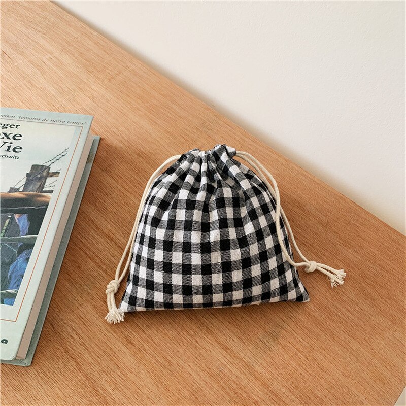 Cotton Fabric Lattice Drawstring Storage Pouch Packaging Bag Underwear Socks Jewelry Organizer Christmas Bag: Black