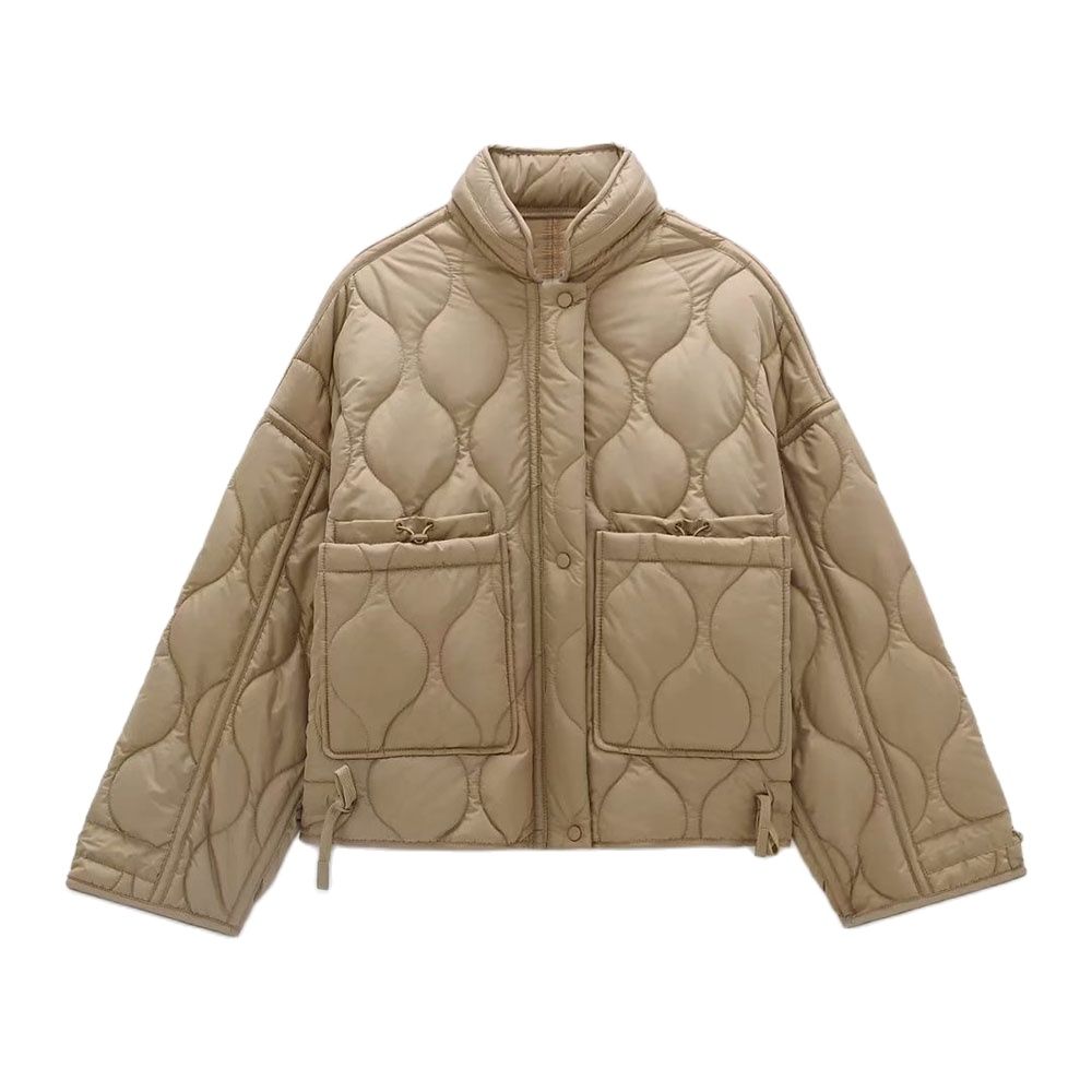 DiYiG-Chaqueta corta acolchada de algodón para mujer, chaqueta con cordón de , con cuello levantado, ligera, acolchada: Champán / L