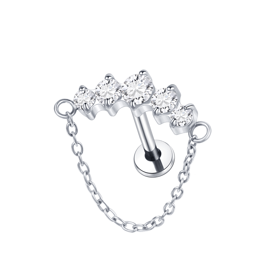 Pendientes de titanio para cartílago de la oreja, Piercings de rosca interna, perno de hélice oculto, cadena drapeada CZ, joyería con parte posterior plana, 16G, 1 ud./5 uds.