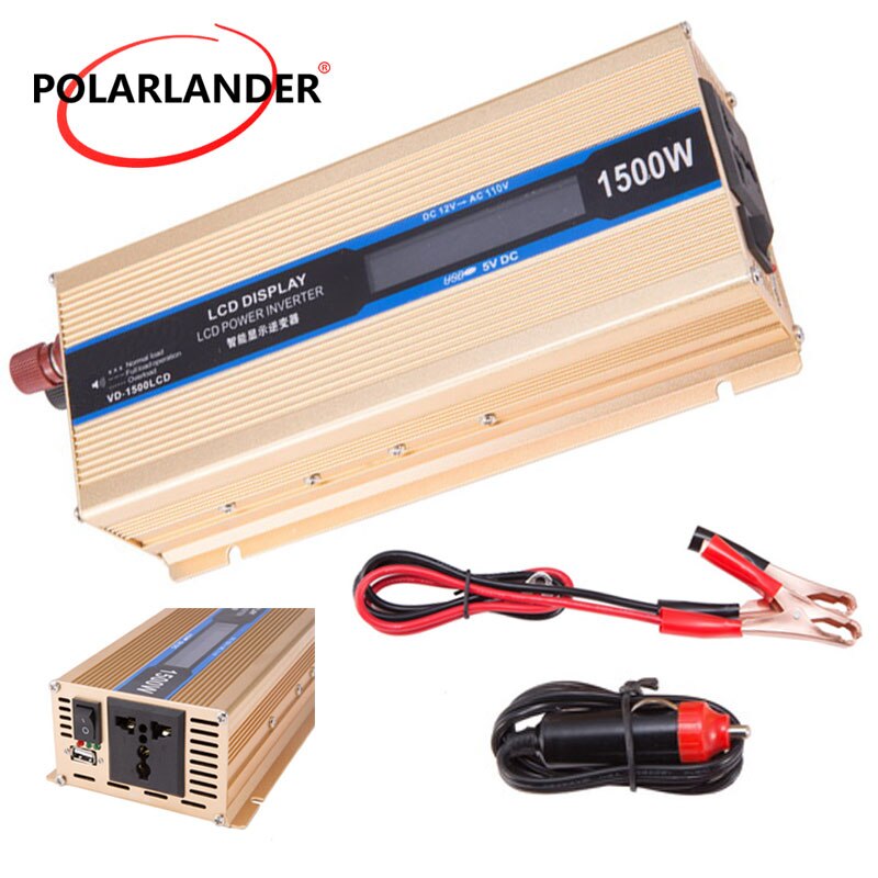 Power inverter 1500w 50hz 12v/24v to 110v/220v omformer kjøretøy strømforsyning gull med skjerm for de fleste bil