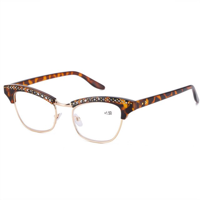 Oulylan diamond dames cat eye leesbril met harslenzen en kristallen decoratie voor dames met presbyopie: +150 / Luipaard