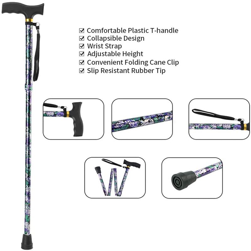 Lightweight Foldable Walking Sticks For Elderly Women Men Telescopic 93cm Adjustable Folding Floral Metal Cane Climbing Hiking
