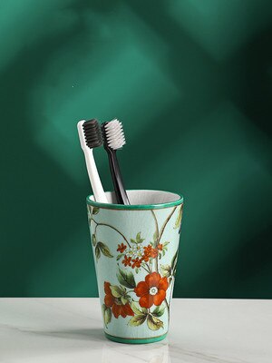 Ceramics Bathroom Set Liquid Soap Dish Toothbrush Holder/Rack Lover Gargle Cup Dental Jar Flowers &amp; Bird Pastoral Style: Gargle Cup 4