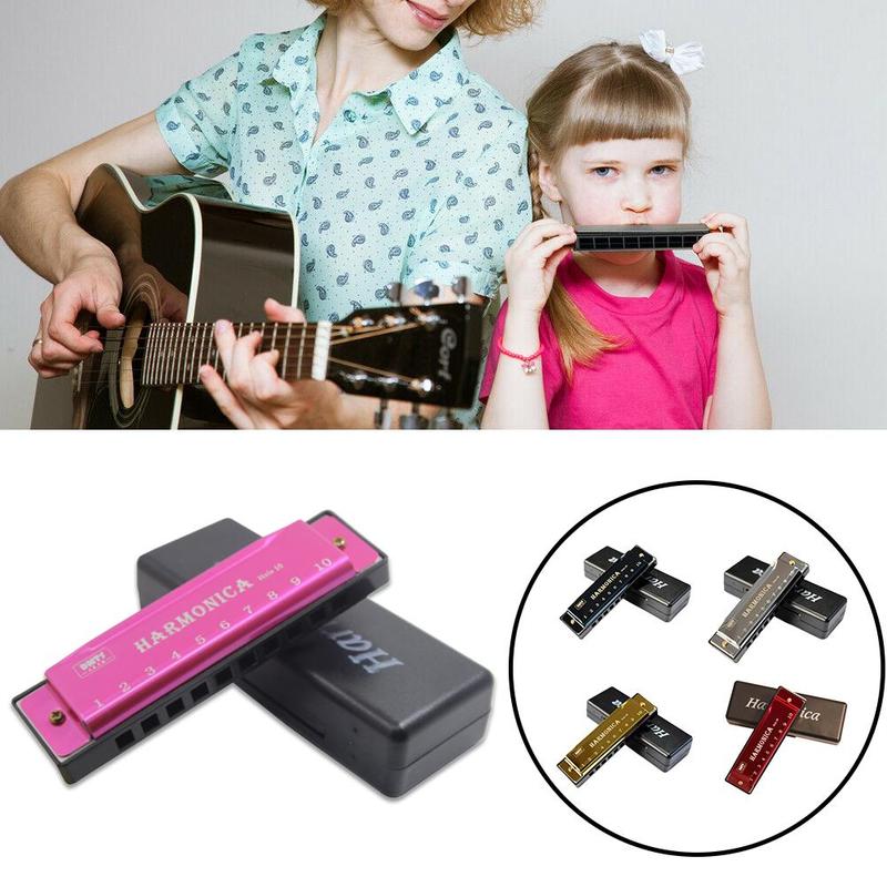 Armónica de Metal con 10 orificios, instrumento de viento de madera para principiantes, Instrumentos musicales de 5 colores, compatible con