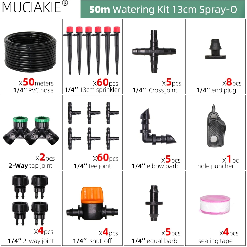 13CM Drip Irrigation System 1/4'' Hose Adjustable Sprinkler Kit 4-Way Micro Watering Flow for Garden Flowers Vegetables: Red