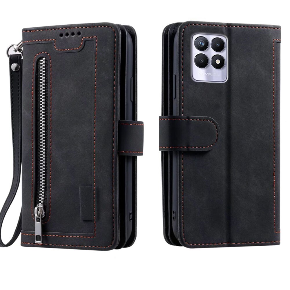 9 Kaarten Wallet Case Voor Realme 8i Case Card Slot Rits Flip Folio Met Polsband Carnaval Voor Realme 8i cover: Black