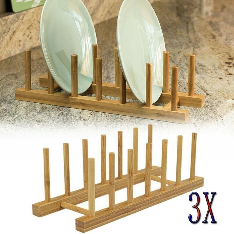 Bamboo Dish Pot Lid Shelf Rack Dishes Plate Drainboard Drying Drainer Storage Rack Pan Cover Stand Kitchen Cabinet Organizer