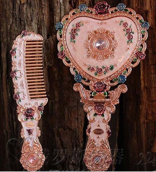 Europæisk vintage hjerteform håndspejl makeup spejl ramme lomme spejl hjerte spejl til pige  j034: Rosa gylden 1 sæt