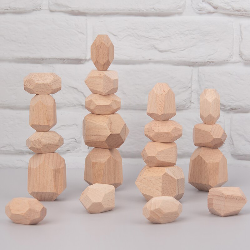 Wooden Balancing Blocks Kids Natural Wood Toys Colored Wooden Stones Stacking Game Rock Blocks Educational Puzzle Toy