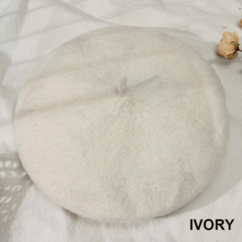 Women Girl Beret French Artist Warm Wool Winter Beanie Hat Cap Vintage Plain Beret Hats Solid Color Lady Winter Caps: Ivory