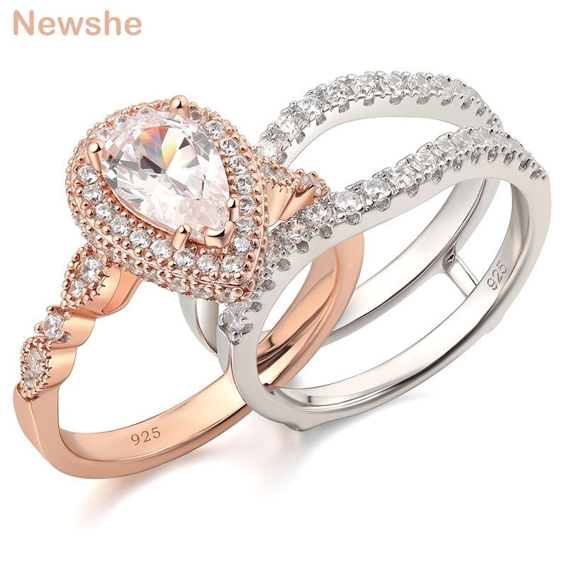 Newshe Hochzeit Braut Band 2,7 Ct Birne Enhancer Engagement Ring Set Für Frauen 925 Sterling Silber Rose Gold AAAAA Zirkon