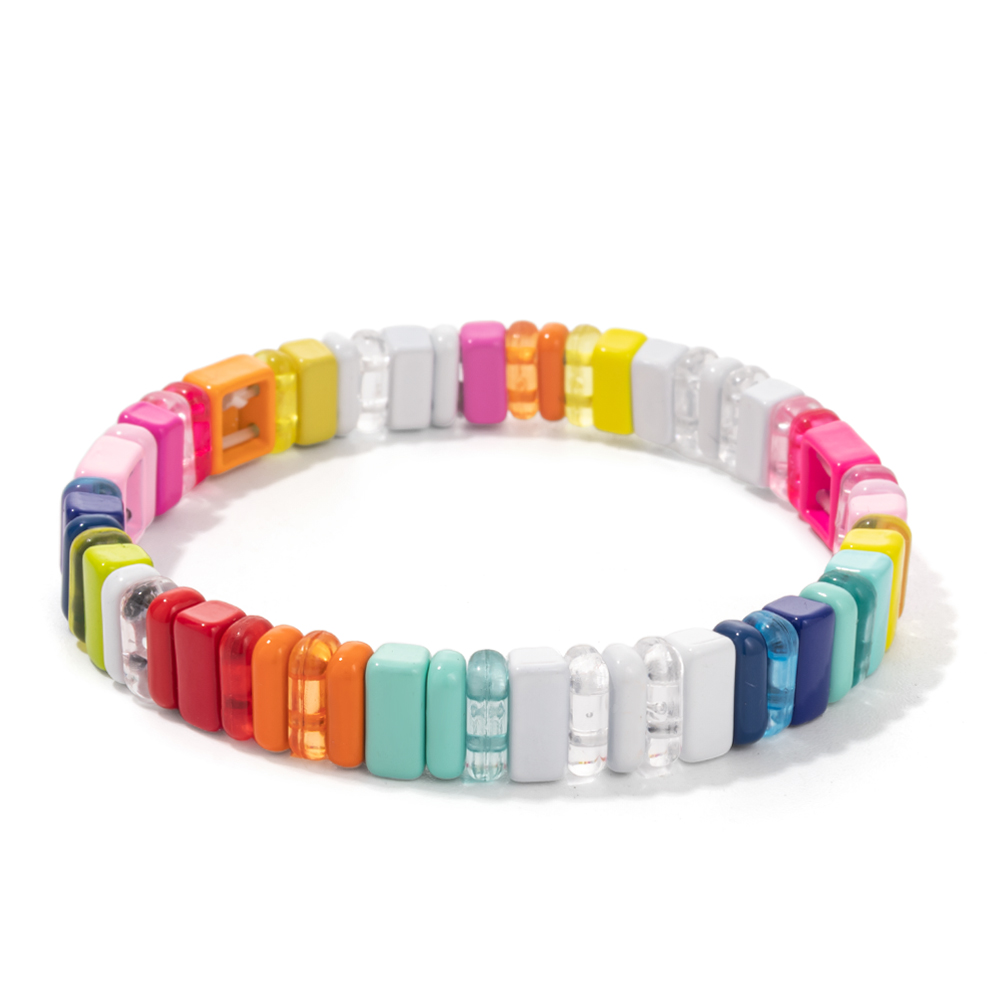 2022 Nuovo design Braccialetti Elastici Colorati per Le Donne Rianbow Acrilico Lucido Braccialetti Braccialetti di Metallo Della Boemia Perline Gioielli: Rhodium d'imitazione placcato