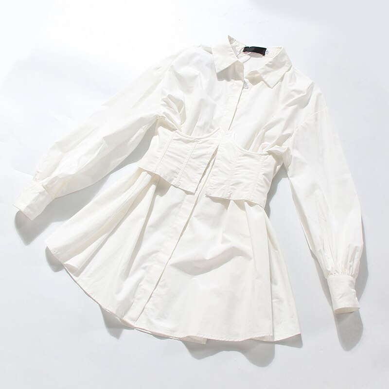 [EAM] Women White Big Size Bandage Pleated Shirt Dress Lapel Long Sleeve Loose Fit Tide Spring Summer 1T922