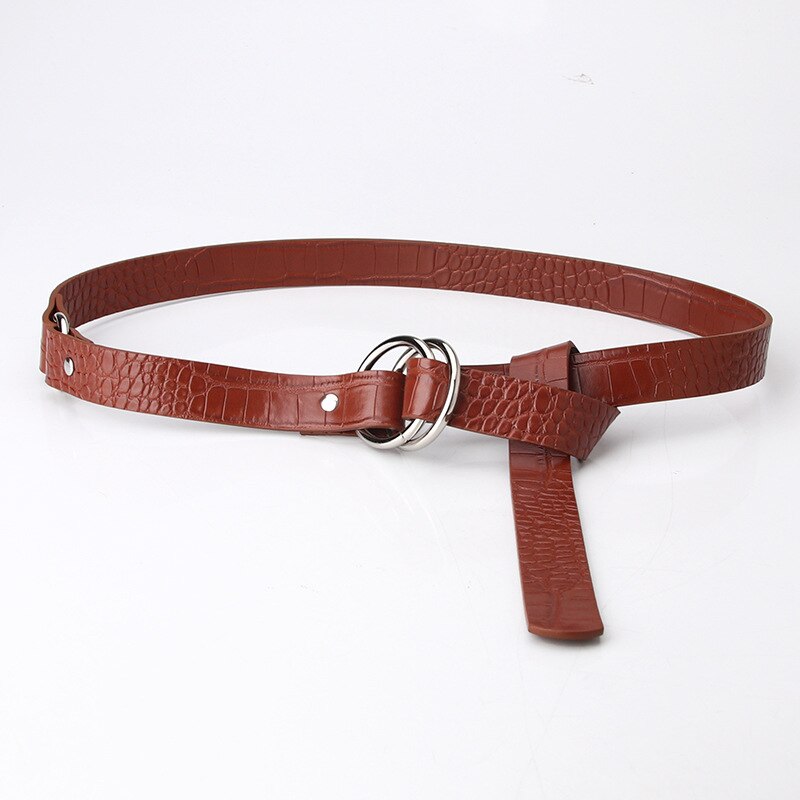 Unique Stone Grain Pu Belt Women Double Ring Thin Belts Female Jeans Dress Waistband Brand 2022: Camel