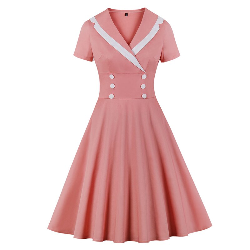 Tonval retro-hak krave knap foran rød vintage a-line kjole kvinder bomuld sommer kontor dame swing kjoler: Lyserød / Xl