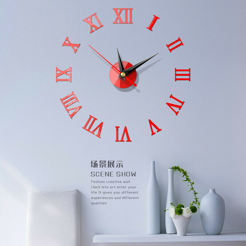 Vægur ur stor moderne enkel diy mærkat mærkat 3d romertal hjem indretning: Rød