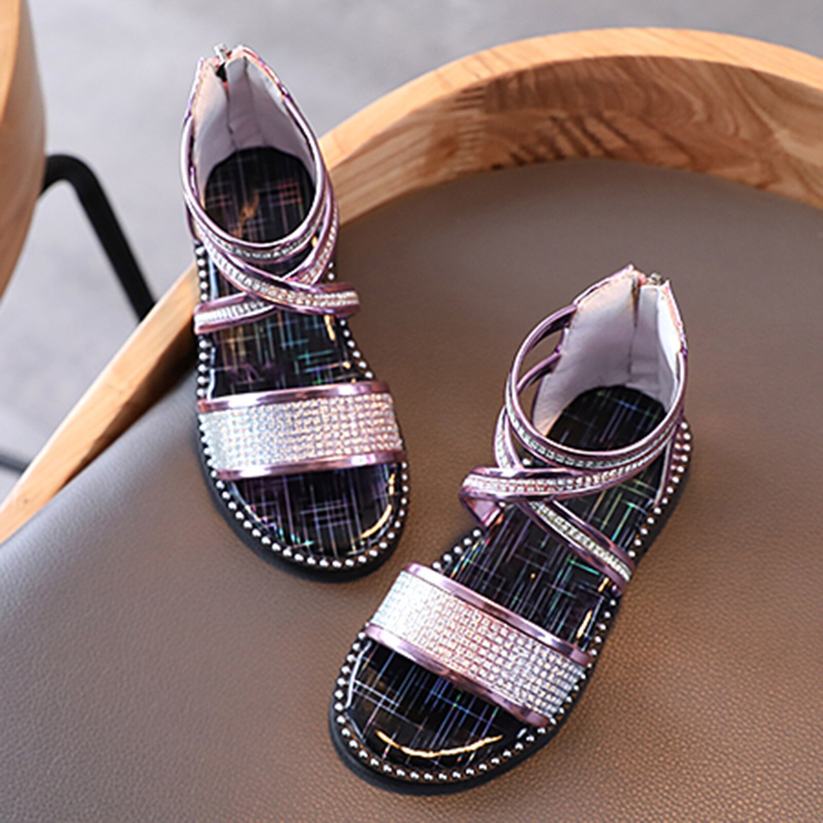 Sandales respirantes pour enfants, pantoufles plates de princesse scintillantes, chaussures à semelles souples pour tout-petits: B / 26