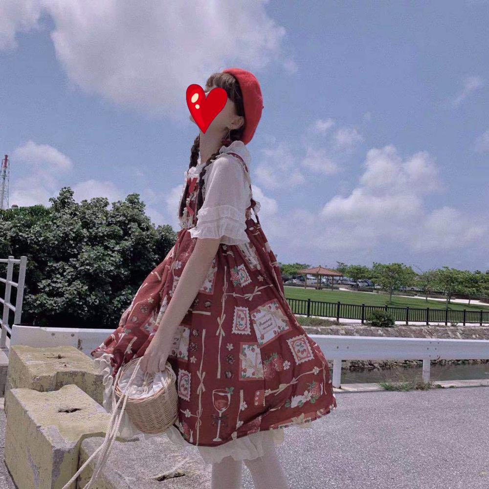Lolita-vestido japonés Kawaii, estampado de fresas, JSK, gótico, Lolita, Vintage, para de té dulce: Red Sleeveless / L