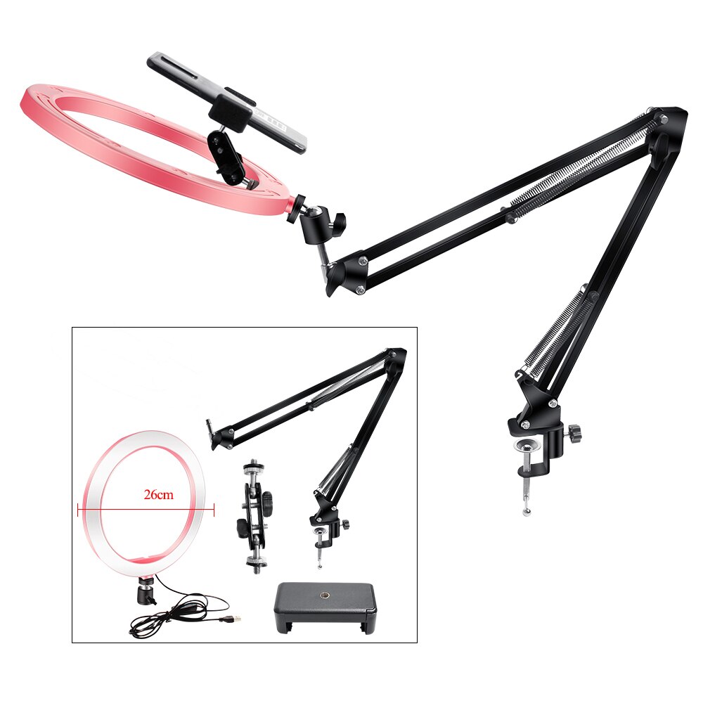 26cm/10inch Dimmable Ring Light With Long Arm Stand 3200-5500K Desktop Tablet Phone Holder Video Live Photography Selfie Light