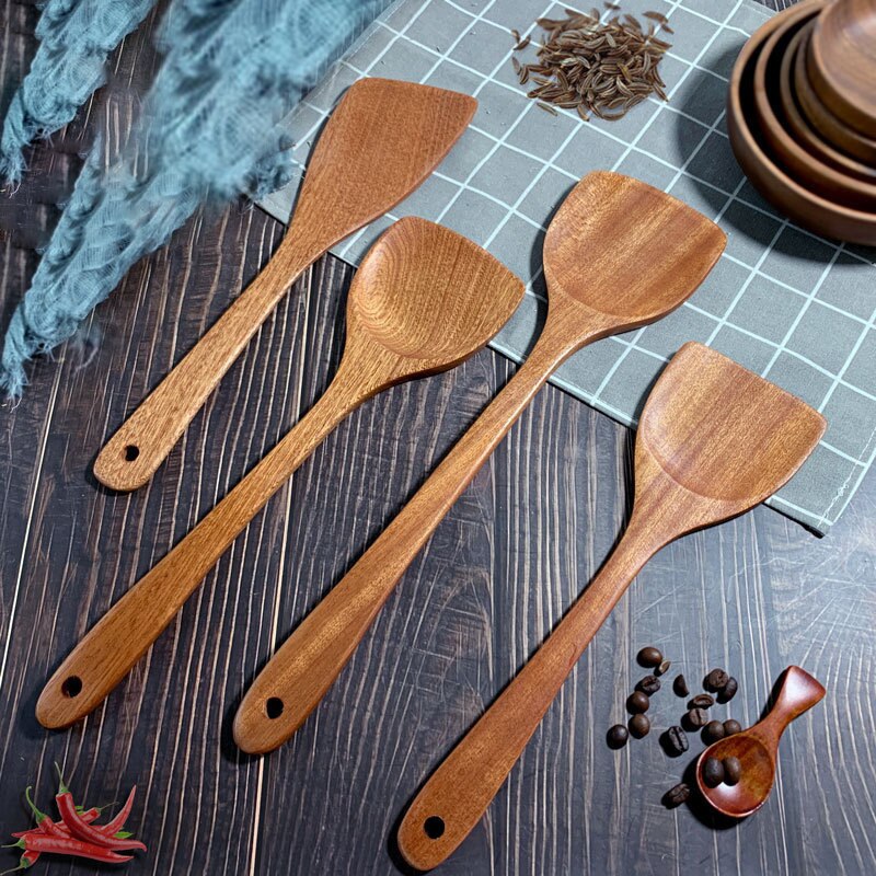 Juego de utensilios de cocina antiadherentes de madera de teca, espátula, pala, sopa, cuchara de arroz, herramienta de cocina, vajilla, 1 ud.