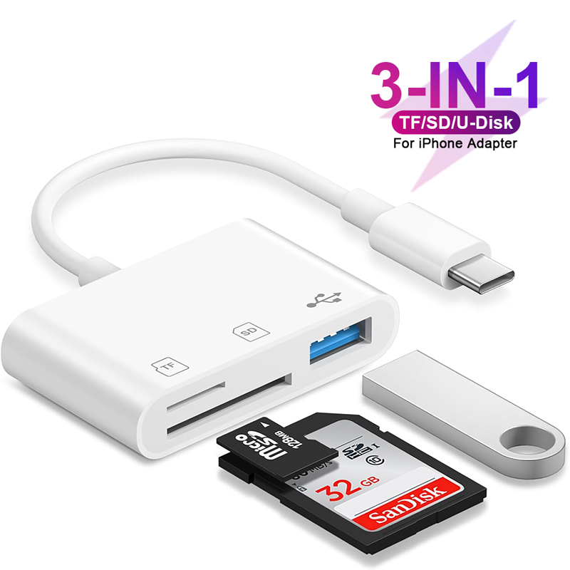 Lettore di schede di tipo C 3 in 1 Lettore di schede di memoria Micro SD TF Adattatore disco U esterno per iPhone 15 Serie Laptop Tablet Convertitore OTG