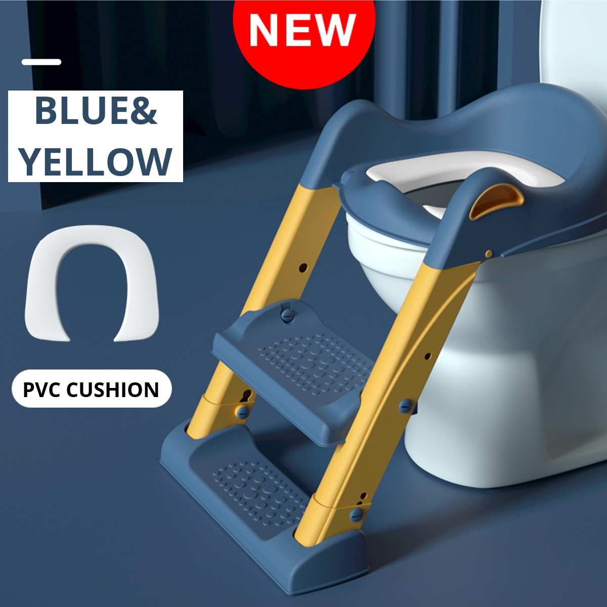 Sammenleggbar barnestol spedbarnspottesete babypotte med trinn og pute krakkestige til smålåve trygt toalettpotter: Gulblå