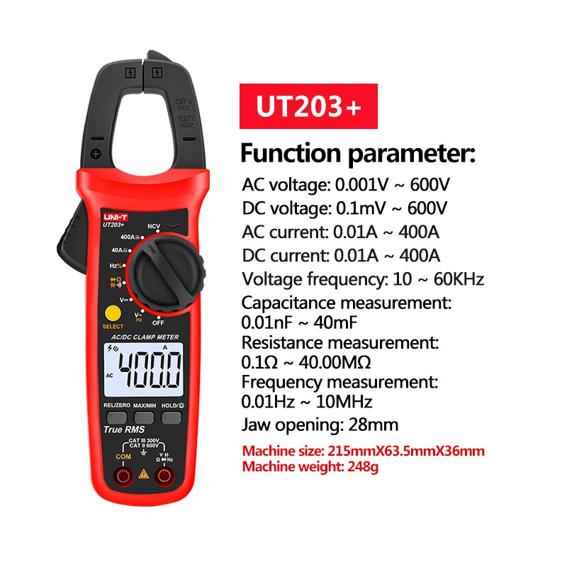 UNI T UNI-T Digital Clamp Meter AC DC Current Amperimetro Tester Clamp Multimeter Resistance Frequency UT201+ UT202+ UT203+: UT203 PLUS